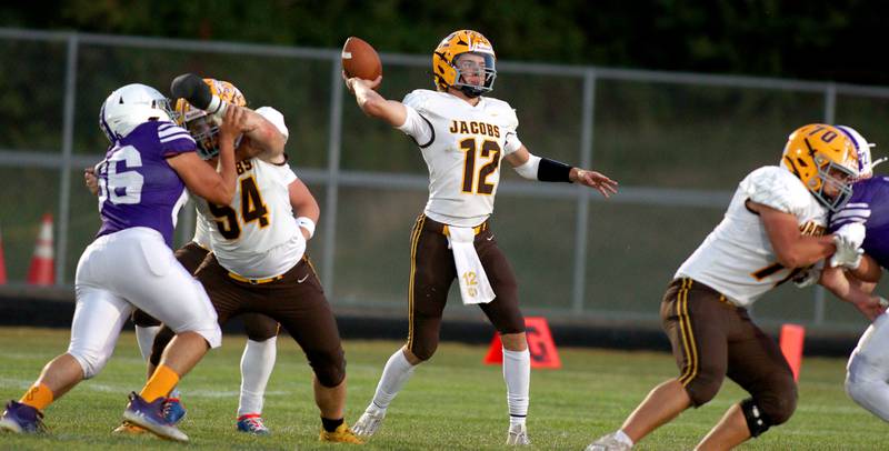 Jacobs’ Connor Goehring passes in varsity football on Friday, Sept. 6, 2024, at Hampshire School in Hampshire.