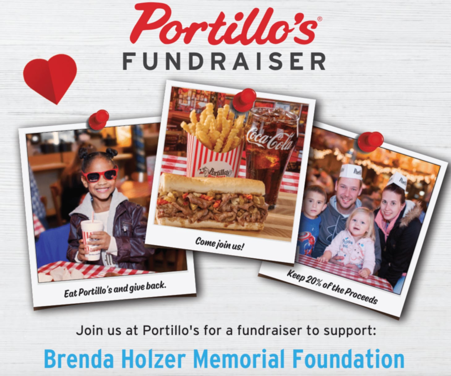 The Brenda Holzer Memorial Foundation and Portillo’s are teaming up to host a fundraising event from 5 to 8 p.m. on July 29, 2024, at the Portillo’s at 531 N. Randall Road in Batavia.