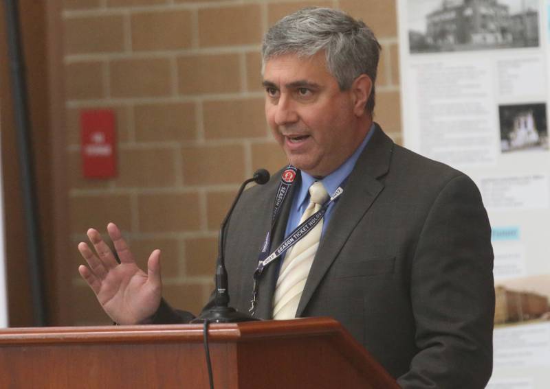 Leonardo Lopez, OSF Vice President Chief Medical Officer of Administration speaks to the Illinois Health Facilities and Services Review Board during a hearing on Thursday, June 13, 2024 at Central Intermediate School in Ottawa.