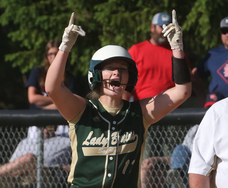 St. Bede's Madelyn Torrence reacts after getting on base against Biggsville in the Class 3A Sectional championship game on Friday, May 26, 2023 at St. Bede Academy.