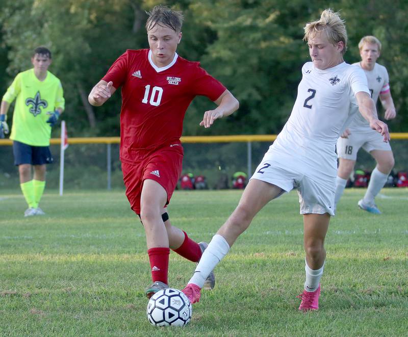 Streator's David Paton fails to get to the ball quick enough as Bloomington Central Catholic's Jack Wyse gets in control of the ball on Wednesday, Aug. 23, 2023 at St. James Street Recreation Area in Streator.