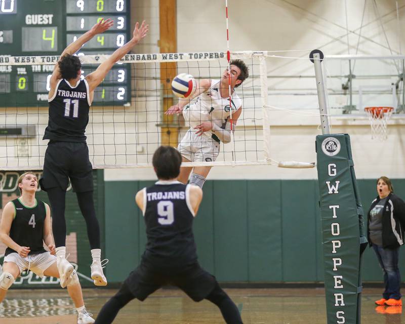 Glenbard West's Casey Maas (1) with a kill during volleyball match between Downers Grove North at Glenbard West.  April 2, 2024.