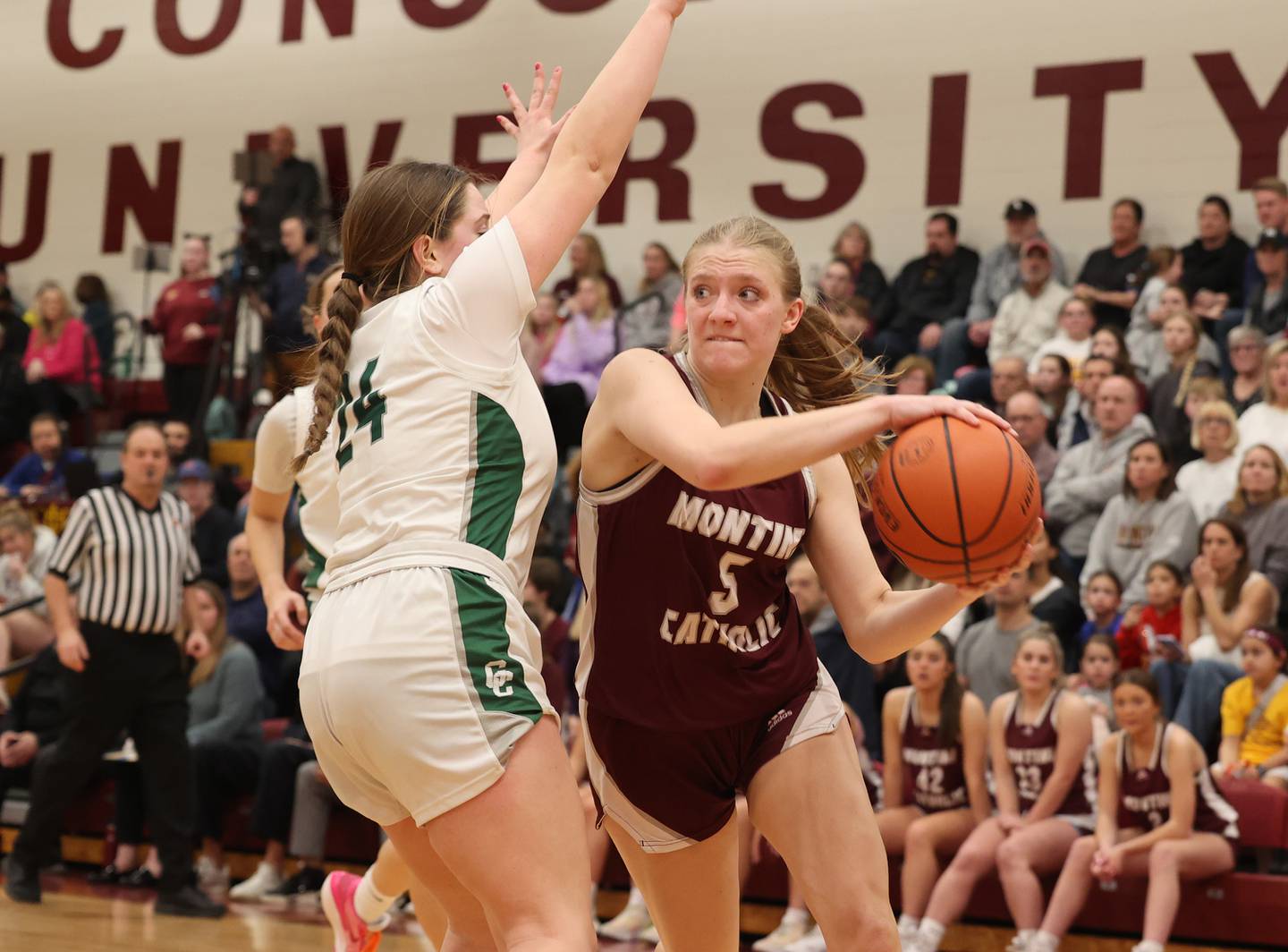 Montini Catholic’s Victoria Matulevicius (5) drives around the Grayslake Central defense during the girls Class 3A Concordia University Supersectional basketball game on Monday, Feb. 26, 2024 in River Forest, IL.