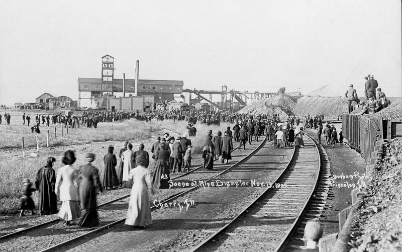 Scene at the St. Paul Coal Co. mine at Cherry, Ill., site of the nation's third worst mine disaster on Nov. 13, 1909, after word flashed through the town of fire in the tunnels. Relatives and friends rushed to the mine some 100 miles southwest of Chicago. The final toll was 259 miners and rescue workers dead.