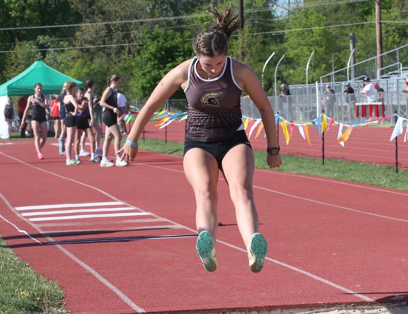Sycamore's Kaitlyn Lisafeld competes in the triple jump during the Interstate 8 conference track meet on Friday, May 3, 2024 at the L-P Athletic Complex in La Salle.