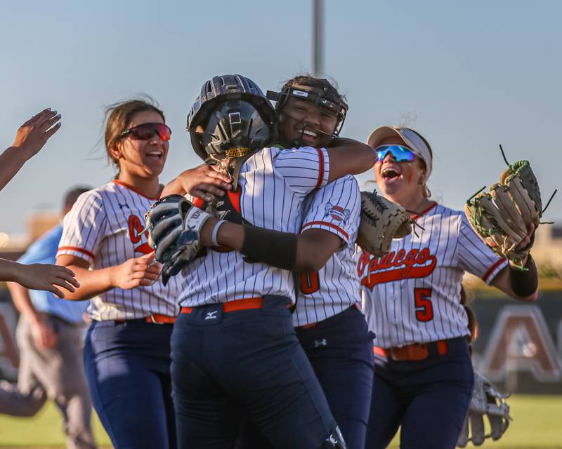 Oswego celebrates after winning their Class 4A Plainfield North Sectional semifinal softball game over Wheaton-Warrenville South. May 29th, 2024.