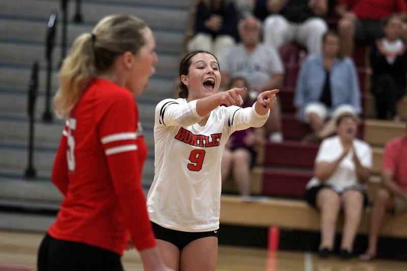 Huntley’s Amaralyse Rodriguez gets revved up against Crystal Lake Central during a Fox Valley Conference volleyball match on Tuesday, Aug. 27, 2024, at Huntley High School.