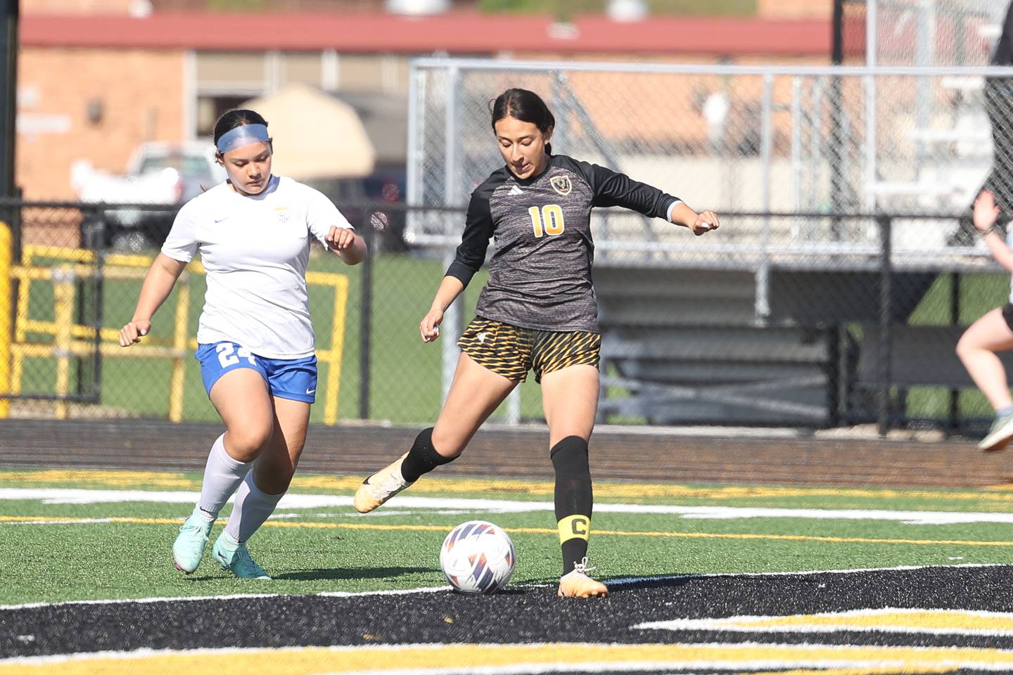 Joliet West’s Julia Martinez scores in the first minute of the game against Joliet Central on Tuesday, April 30, 2024.