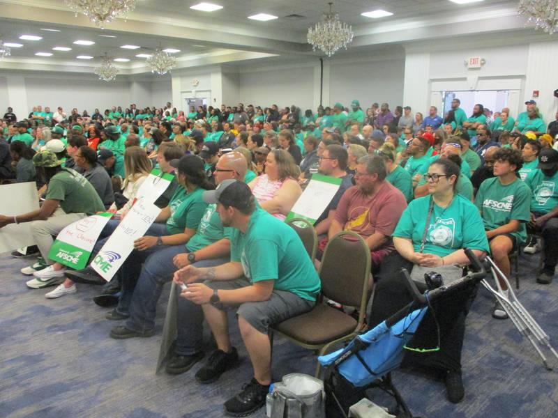 AFSCME union members packed the banquet hall at the Clarion Hotel & Convention Center in Joliet, where the state Commission on Government Forecasting and Accountability held a hearing on plans to rebuild Stateville Correctional Center on Tuesday, June 11, 2022.