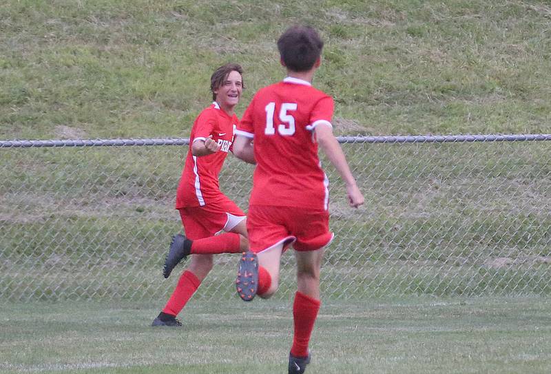 Ottawa's Rory Moore reacts with teammate Jordan Arroyo after scoring the teams second goal against L-P during the game on Thursday, Sept. 5, 2024 at King Field.