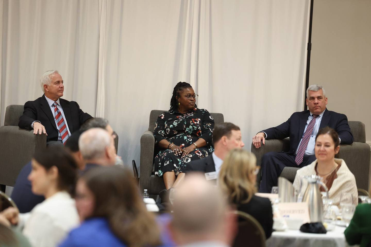 Mayor Bob O’Dekirk (left), Terry D’Arcy and Tycee Bell are giving a question by the moderators to answer at the Joliet Mayoral Candidate Panel luncheon hosted by the Joliet Region Chamber of Commerce on Wednesday, March 8th, 2023 at the Clarion Hotel & Convention Center Joliet.