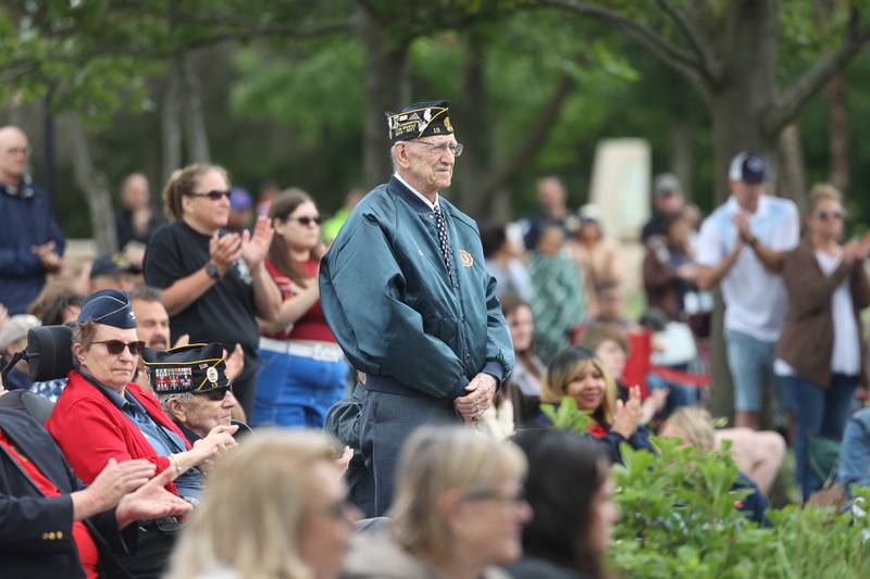 A veteran of the US Army stands in recognition at Plainfield’s Memorial Day and Ceremony event on Monday, May 27, 2024.