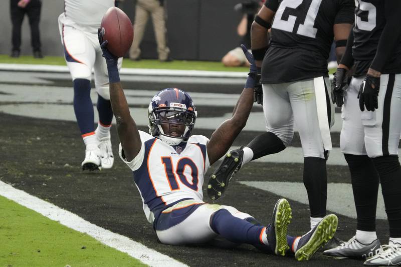 Denver Broncos wide receiver Jerry Jeudy (10) during the first half of an NFL football game against the Las Vegas Raiders, Sunday, Oct 2, 2022, in Las Vegas. (AP Photo/Rick Scuteri)