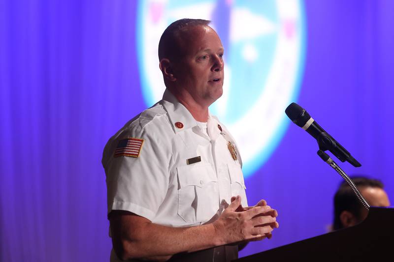 Joliet Fire Chief Jeff Carey speaks at the Public Safety Open Forum at the Billie Limacher Bicentennial Park Theatre on Wednesday June 26, 2024 in Joliet.