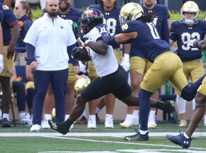 NIU's Antario Brown runs down the field as Notre Dame's KK Smith pushes him out of bounce on Saturday, Sept. 7, 2024 at Notre Dame Stadium.