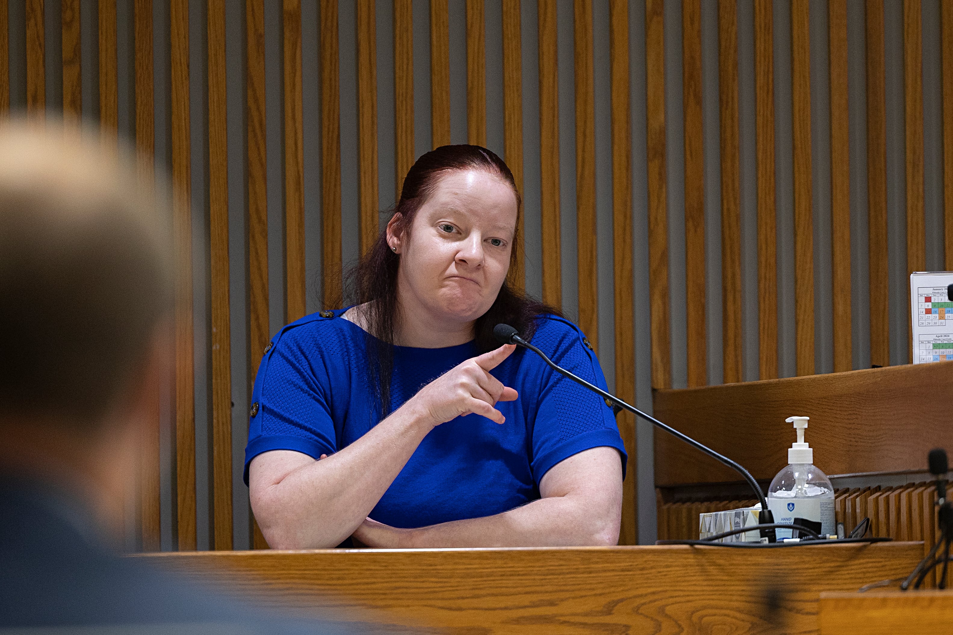 Carly Fischbach points to and identifies Steve W. Coleman in court Thursday, July 18, 2024. Fischbach, Coleman’s ex-girlfriend, took the stand for the prosecution.