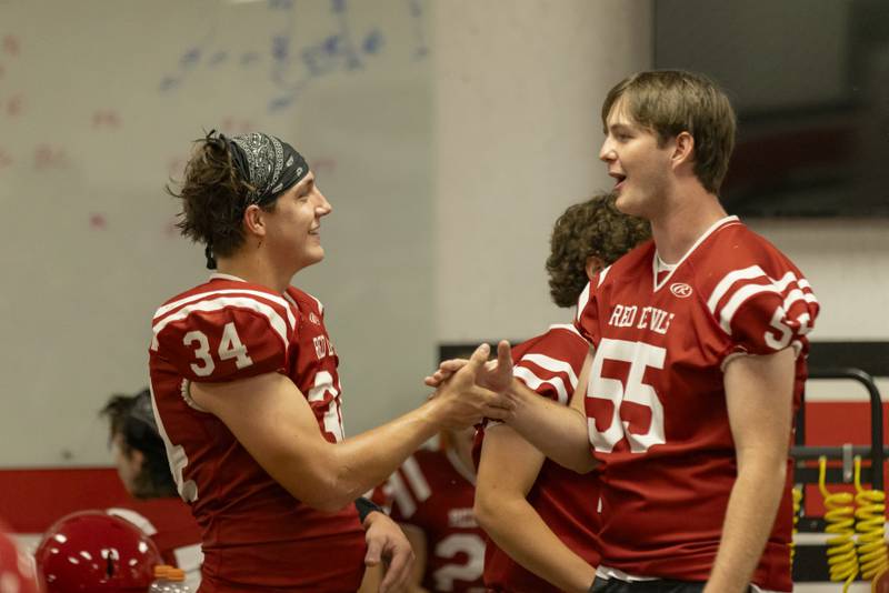 Aiden Redcliff (left) and Jacob Mongan (right) of Hall High School celebrate the go ahead touchdown right before halftime in the game against Mendota High School at Richard Nesti Stadium on September 13, 2024.