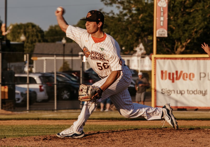 Josh Katz throws a pitch during the Illinois Valley Pistol Shrimp's 4-3 victory over the Clinton LumberKings on Tuesday, June 18, 2024 at Schweickert Stadium in Peru.