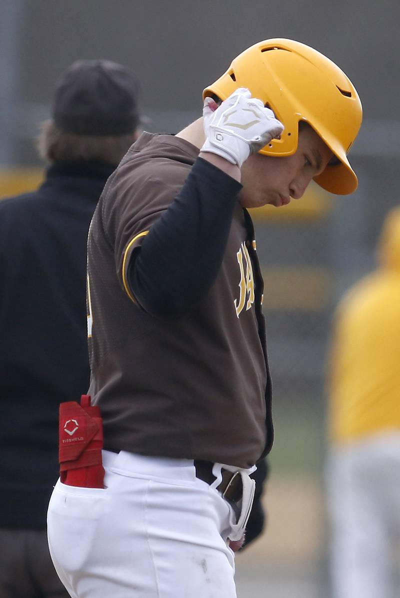 Jacobs’s Christian Graves reacts to flying out  during a Fox Valley Conference baseball game Friday, April 15, 2022, between Jacobs and McHenry at Petersen Park in McHenry.