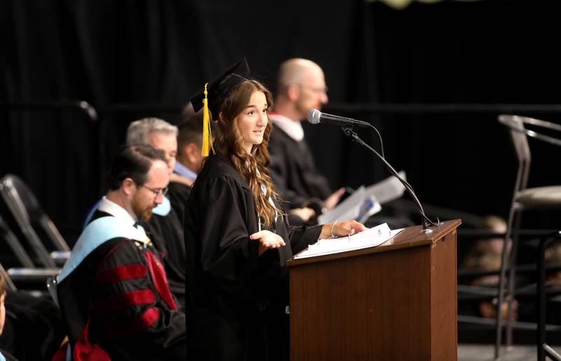 Kaneland High School senior class president Jade Schrader addresses her classmates during the school’s 2024 Commencement Ceremony at Northern Illinois University in DeKalb on Sunday, May 19, 2024.