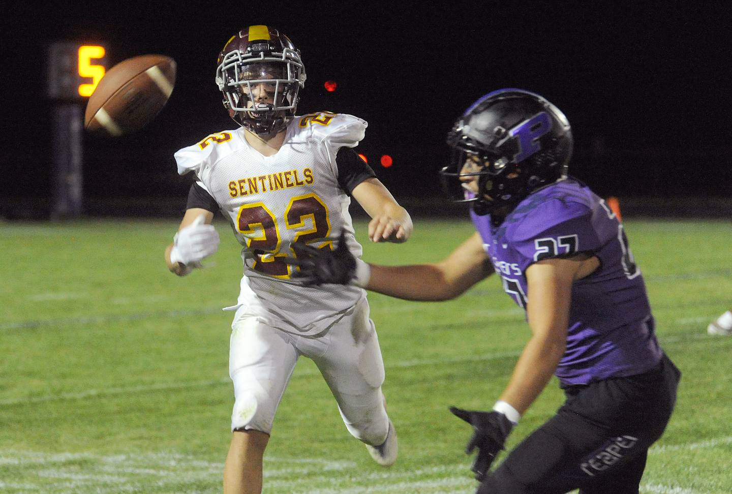 A pass intended for Westmont's Lucas Fears (22) is almost intercepted by Plano defender Aydan Olson (27) during a varsity football game at Plano High School on Friday, Sept. 9, 2022.