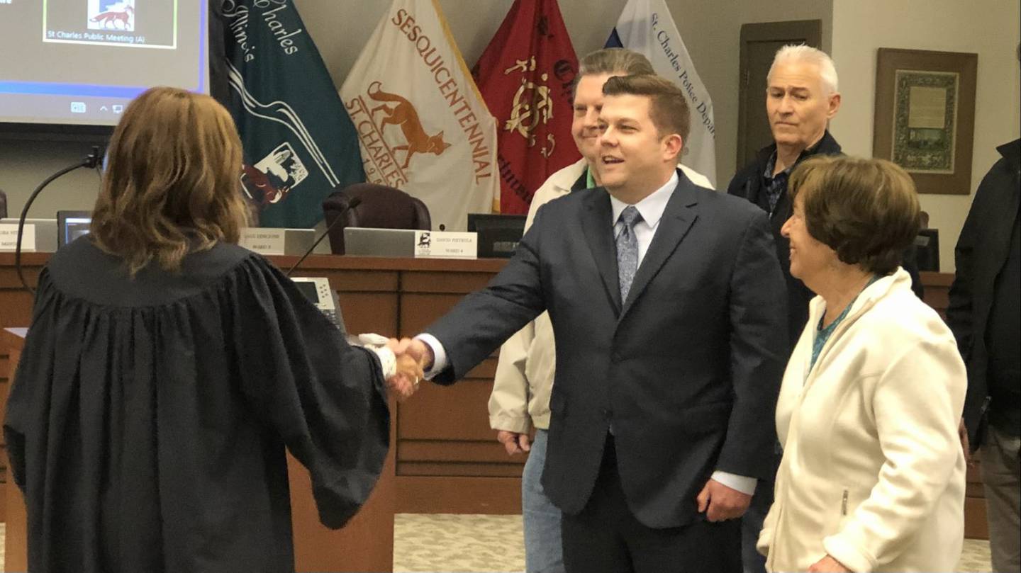 David Pietryla was sworn in alongside his family Monday May 1, 2023, as Ward 4 Alderperson by the honorable Judge Elizabeth Flood at St Charles City Council meeting at 2 Main St.