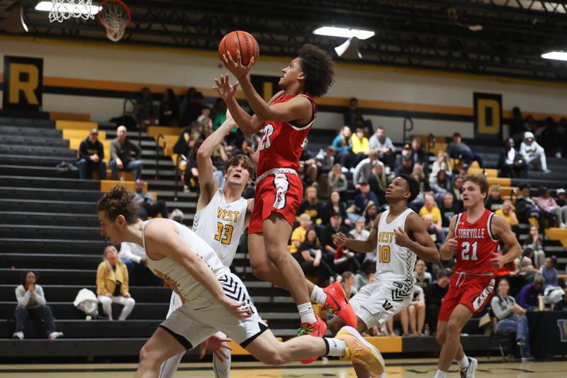 Yorkville’s Jory Boley goes in for the basket against Joliet West on Friday, Jan. 5th, 2024. in Joliet.