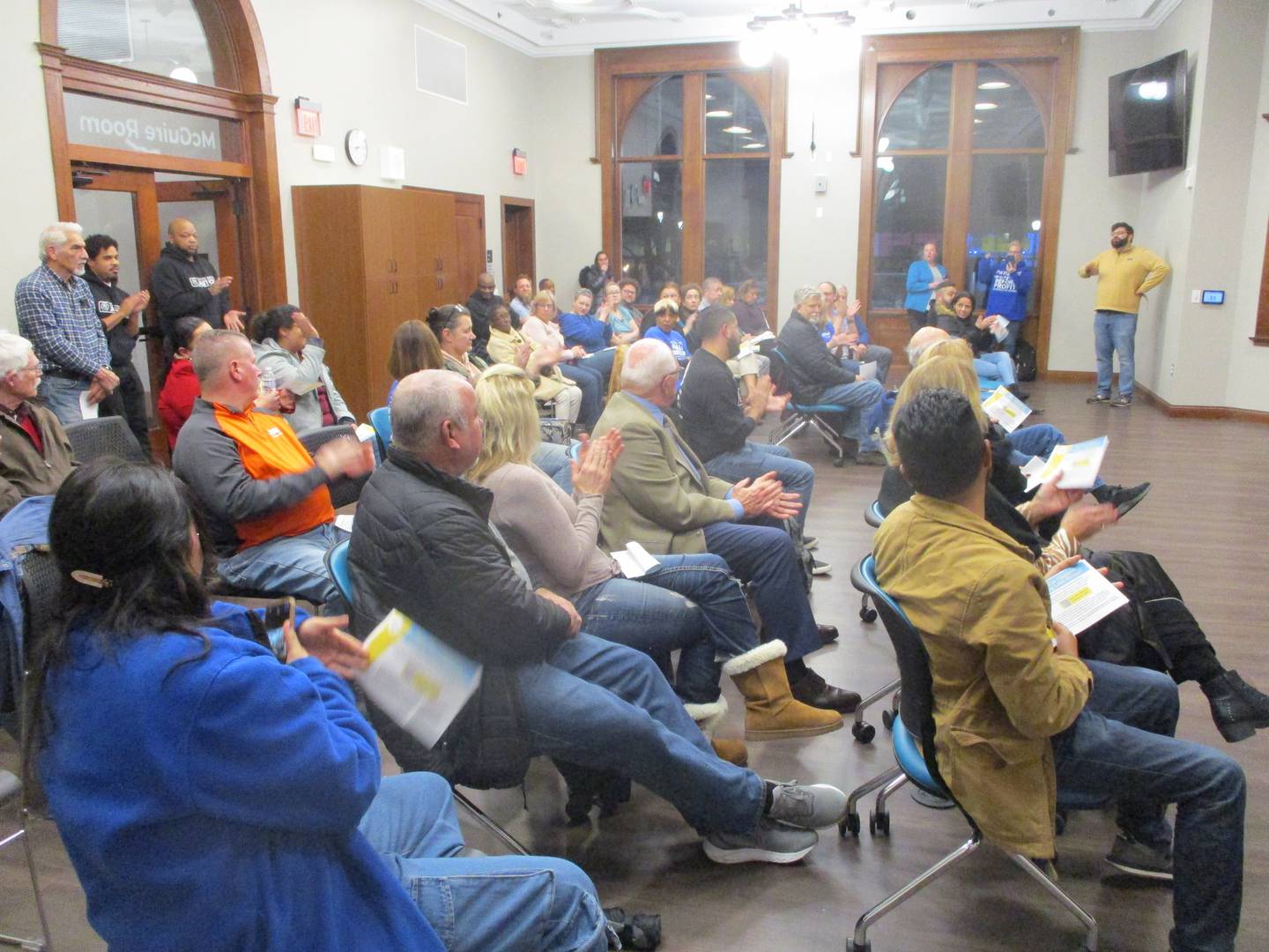 Nearly 50 people attended a community meeting held Thursday night by union nurses from Ascension Saint Joseph – Joliet hospital at the Joliet Public Library. Feb. 8, 2024.