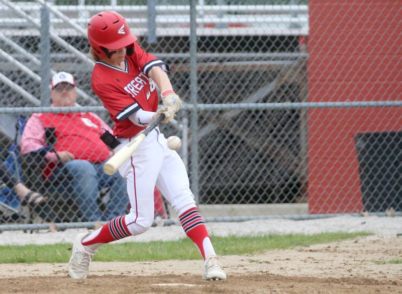 Streator's Keegan Angelico makes contact with the ball against Ottawa on Tuesday, May 14, 2024 at Streator High School.