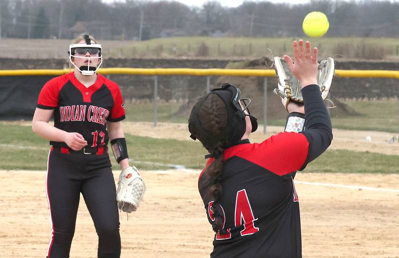 Indian Creek’s Emily Frazier catches a popup during their game against Mendota Thursday, March 14, 2024, at Indian Creek High School in Shabbona.