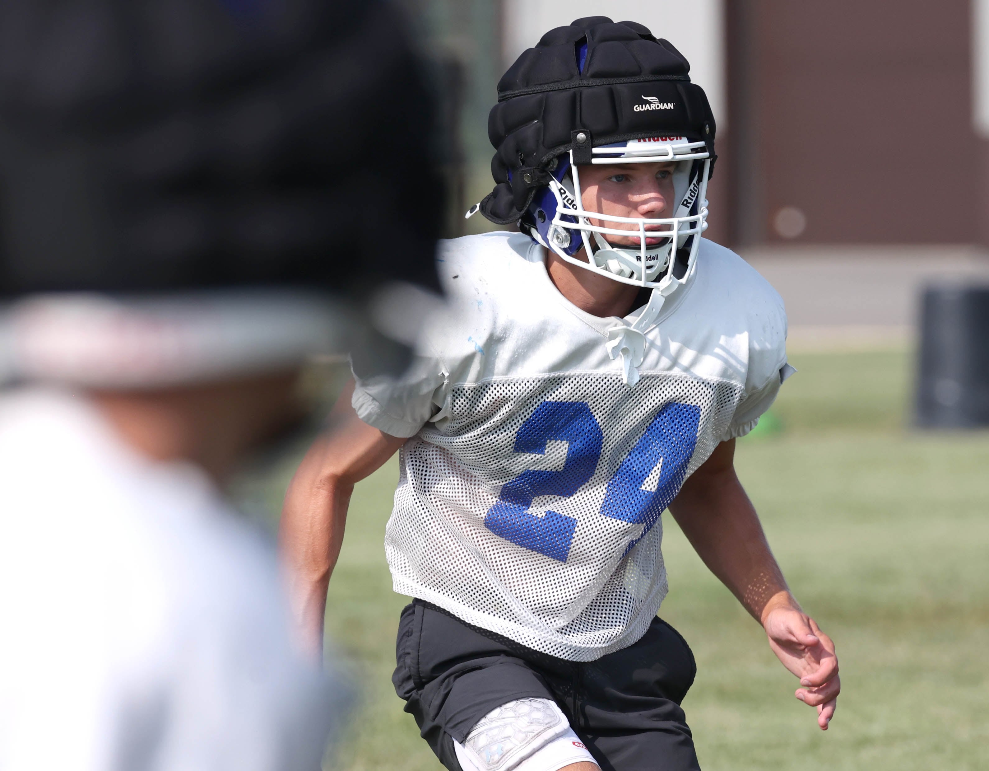 Genoa-Kingston’s Patrick Young works on a defensive back drill during practice Wednesday, Aug. 14, 2024, at the school in Genoa.