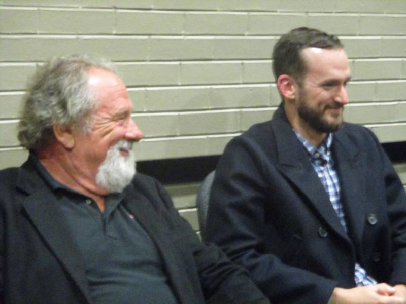 Mike Veeck and his son, William Night Train Veeck, introduce themselves to the Joliet City Council Stadium Committee on Monday, Nov. 6, 2023. The Veecks and actor Bill Murray lead a group that is buying a majority interest in the Joliet Slammers.