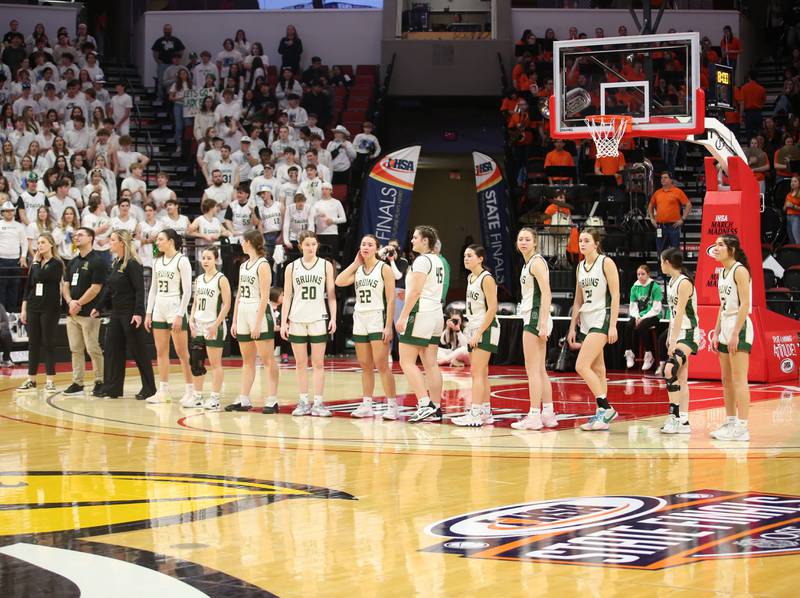 Members of the St. Bede girls basketball team are introduced before the Class 1A State semifinal game on Thursday, Feb. 29, 2024 at CEFCU Arena in Normal.