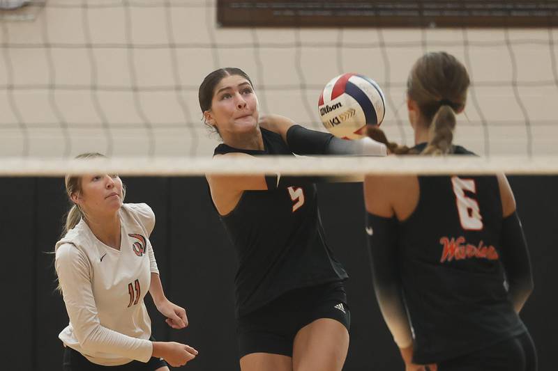 Lincoln-Way West’s Caroline Smith receives the ball against St. Laurence on Monday, August 26, 2024 in New Lenox.