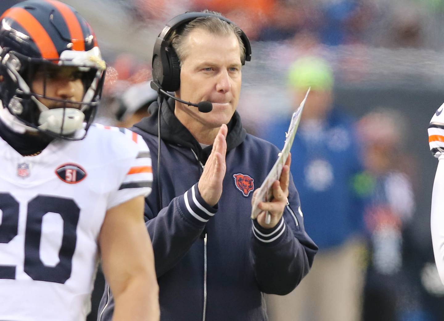 Chicago Bears Head Coach Matt Eberflus applauds his offense after a touchdown during their game against the Arizona Cardinals Sunday, Dec. 24, 2023, at Soldier Field in Chicago.