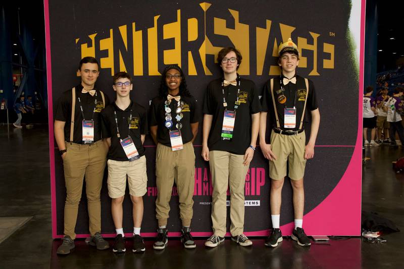 The Golden Ratio Robotics team at the FIRST World Championships in Houston, Texas. Pictured (L to R): Jackson Woestman (Cary-Grove), Ryan Nolan (Cary-Grove), Victoria Grant (Woodstock), Nehemiah Schultz (Home School), Josiah Ryan (Cary-Grove)