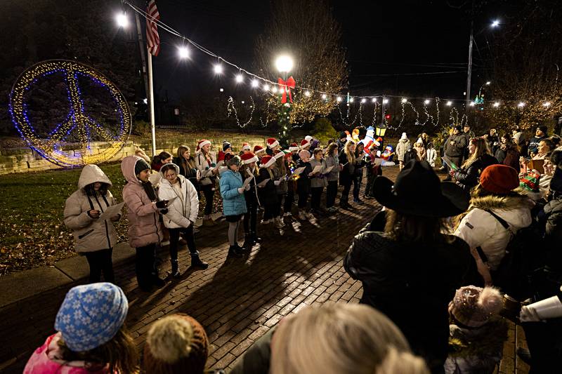 Fifth graders from Washington School entertain friends and family with a chorus of Christmas carols Friday, Dec. 1, 2023 during Sterling’s Seasonal Sights and Sounds.