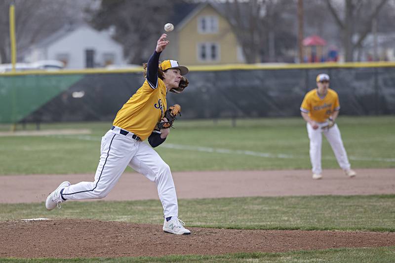 Sterling’s Eli Penne fires a pitch against Rock Falls Friday, March 29, 2024 at Rock Falls High School.