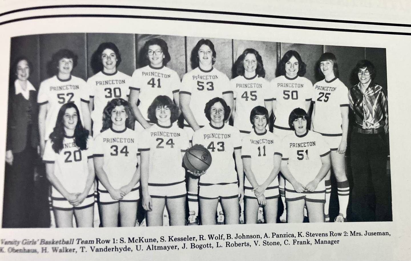 Team members for the 1977-78 Princeton girls basketball team were Joni Bogott, Patty Burke, Dawn Cathelyn, Cindy Frank, Anita Kelly, Michelle Kesseler, Sherri Kinsley, Anne Panzica, Elizabeth Peterson, Verna Mathison, Shelly Skold, Cherie Walker, Heather Walker and Coach Cheryl Taylor