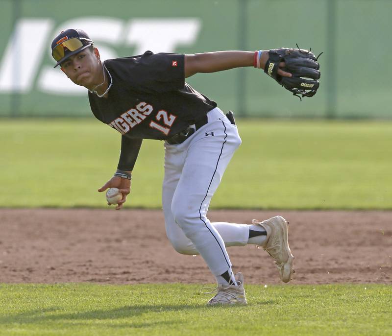 Crystal Lake Central's Jaden Obaldo fields the ball during a Class 3A Grayslake Central sectional championship baseball game against Deerfield on Friday, May 31, 2024, at the Grayslake Central High School.