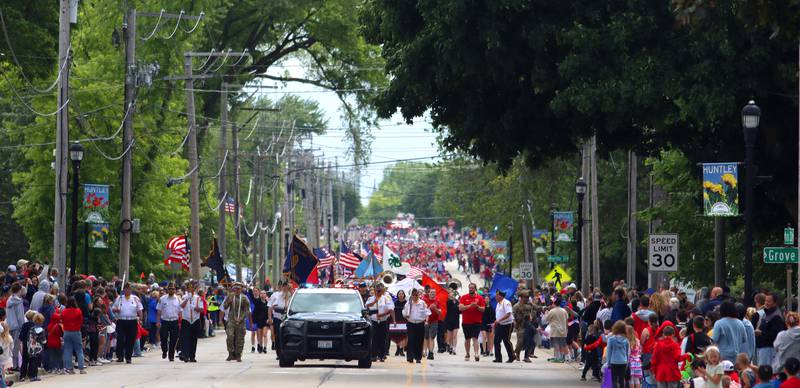 The Memorial Day Parade makes its way down Main Street in Huntley on Monday.