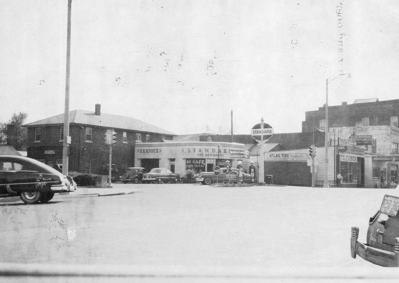 View of the southwest corner of State and Main in Sycamore, circa 1950.