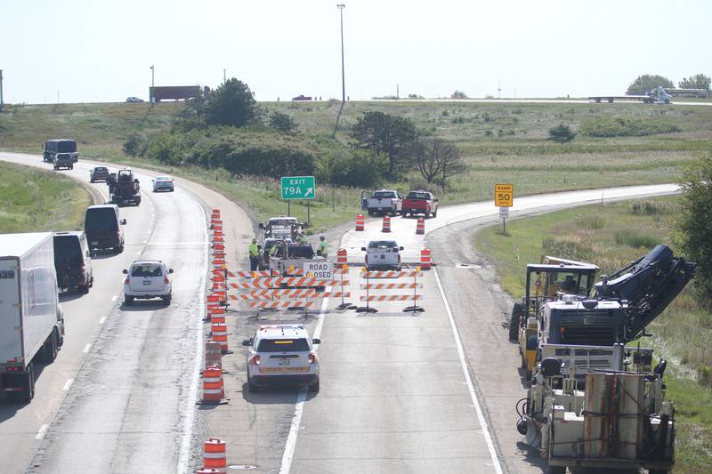 The busiest intersection in the Illinois Valley is under construction. Crews replace the off ramp southbound to Interstate 39 at the  Interstate 39-Interstate 80 interchange on Monday, Sept. 9, 2024. The work will last until most of November. Workers will be patching the ramps and improving the shoulders. Traffic will be redirected to the inner-loop of the interchange during the project. Motorists can expect delays