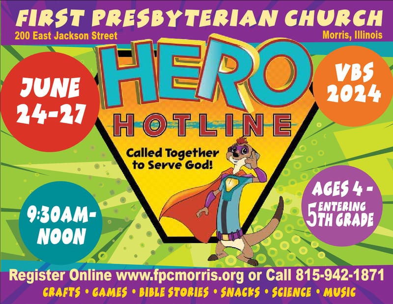 The flyer for Hero Hotline, First Presbyterian Church's 2024 Vacation Bible School.