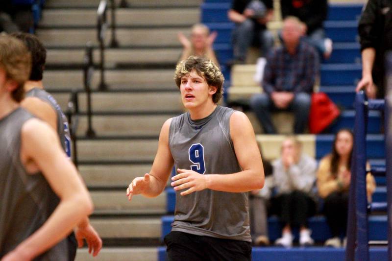 Geneva’s Michael Loberg celebrates a point during a game against Wheaton Warrenville South at Geneva on Tuesday, April 2, 2024.