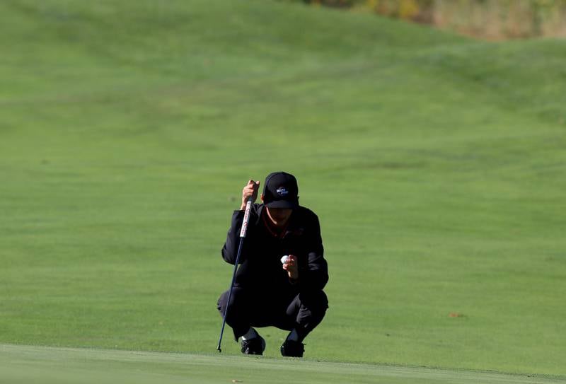 Huntley’s Austin Matich considers his approach on the 5th green in Cary-Grove High School 2024 Invitational varsity golf action on Saturday, Sept. 7, 2024, at Foxford Hills Golf Club in Cary.