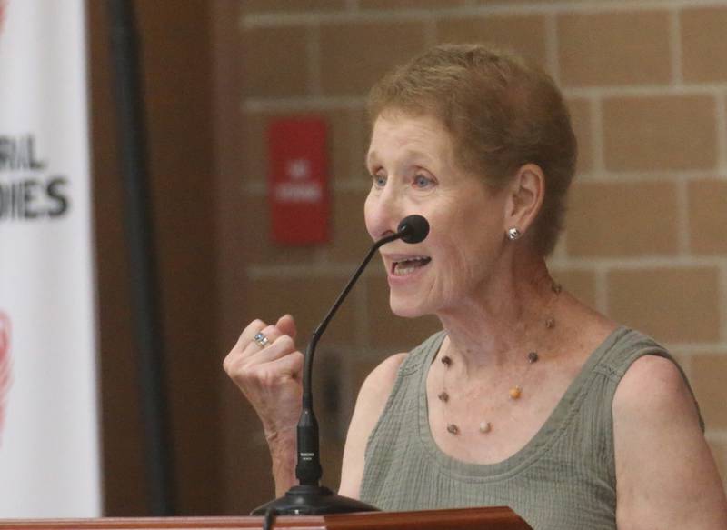 Margaret Reagan speaks to the Illinois Health Facilities and Services Review Board during a hearing on Thursday, June 13, 2024 at Central Intermediate School in Ottawa.