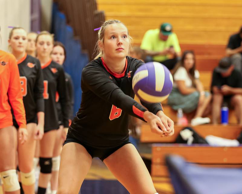 Sandwich's Londyn Scott (6) tips the ball during volleyball match between Sandwich at Plano.  August 21, 2023.