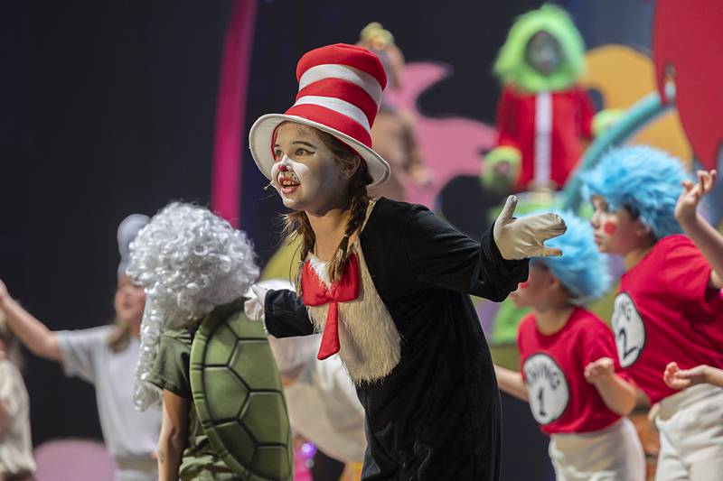 The Cat in the Hat, played by Bella Sarno, steals the show in The Dixon Kids rendition of “Seussical Jr.” Friday, May 10, 2024. The production will have one showing on May 11 at 7pm.