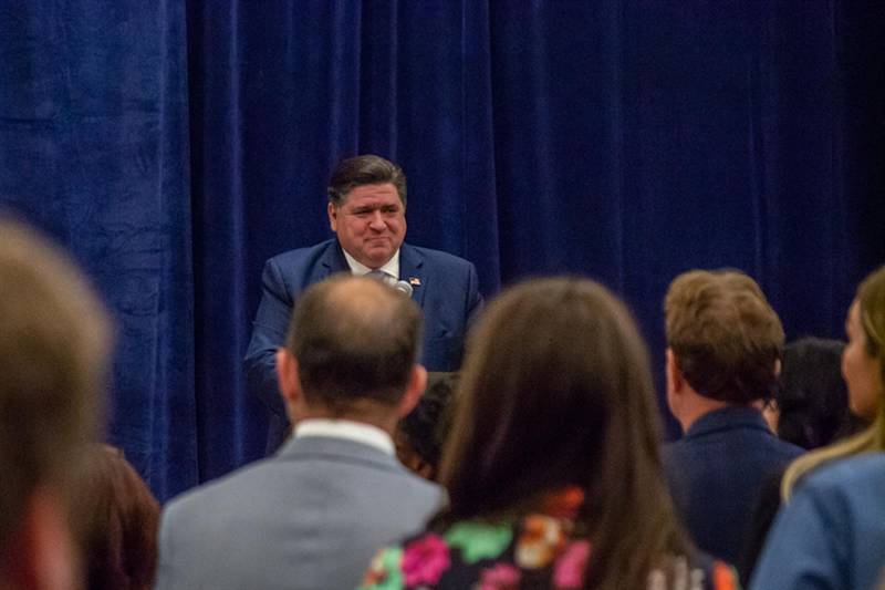 Gov. JB Pritzker speaks at the Illinois Retail Merchants Association and Illinois Manufacturers’ Association business day in Springfield on Wednesday, May 1. At another event this week, he said “I feel pretty good about where we are” when asked about the state’s April revenue performance.